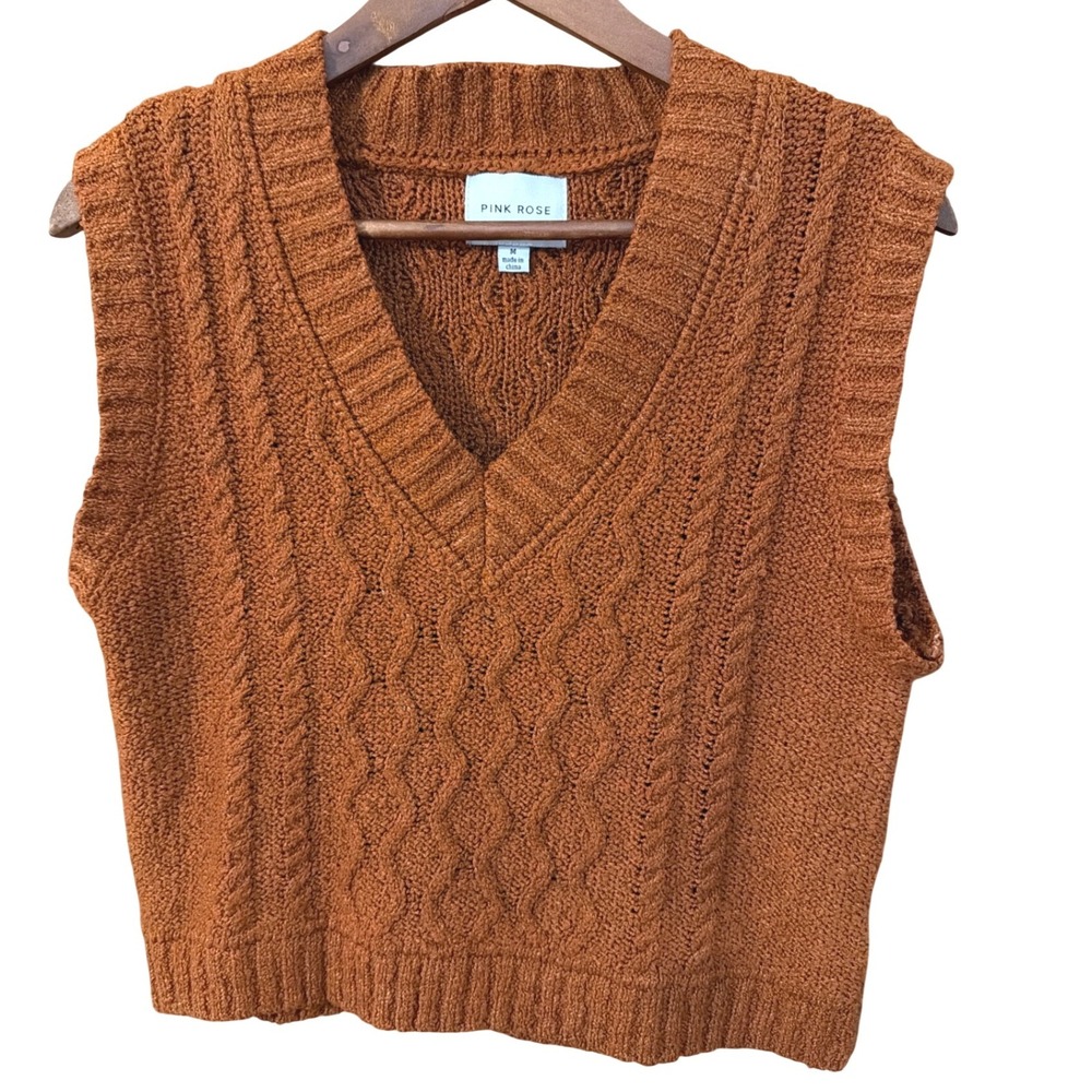Pink Rose Rust Brown Cable Knit V-Neck Sweater Vest Academia Boho Medium M